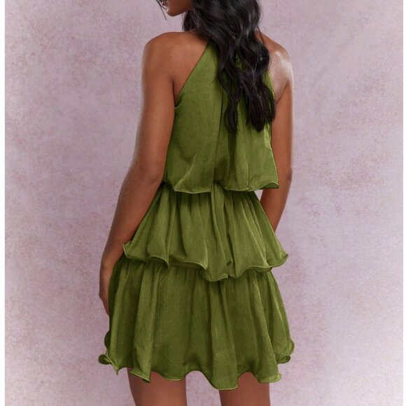 Boho Tiered Ruffle Mini Dress Green - Picture 2 of 5